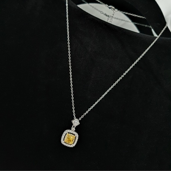 Silver Square Cut Diamond Amber Necklace - Picture 2 of 2